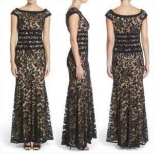 Tadashi Shoji Embellished Black and Tan Trumpet Firmal Maxi Dress Sz 6